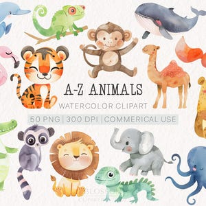 Aquarell ABC Tiere Clipart Bundle | Niedliche Aquarell Baby-Tiere für Kinder | Digitaler Download | PNG | Kinderzimmer Dekor | Babyparty