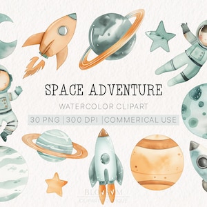 Set di clipart spaziali ad acquerello / 30 PNG / Astronauti, pianeti, stelle, razzi, luna / Elementi spaziali / Download digitale / Uso commerciale