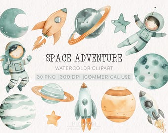 Watercolor Space Clipart Set | 30 PNGs | Astronauts, Planets, Stars, Rocket, Moon | Space Elements | Digital Download | Commercial Use
