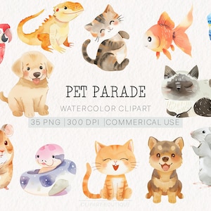 Lot de cliparts aquarelle animaux de compagnie | Chiens et chats mignons à imprimer | Téléchargement numérique | PNG | Décoration de chambre d'enfant | Fête prénatale