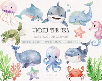 Watercolor Sea Animals Clipart Bundle | Cute Watercolor Ocean Animals for Kids | Digital Download | PNG | Nursery Decor | Baby Shower