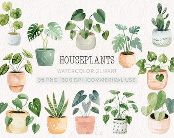 Watercolor Houseplants Clipart Bundle | Potted Plants | Greenery Illustrations | Digital Download, DIY Crafts | Printables | Botanical Art