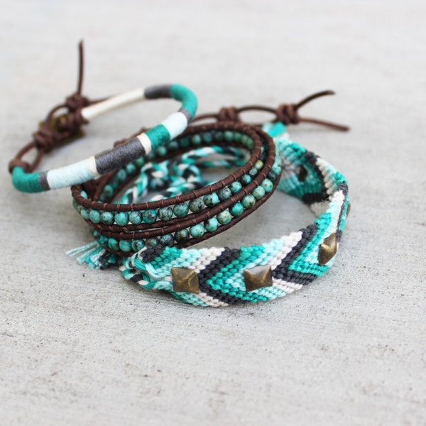 The Beach Bohemian Bracelet Set - In light gray, pale blue, turquoise, and charcoal, african jade leather wrap