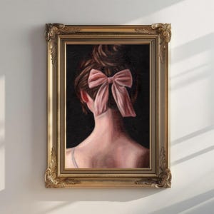 Pink Bow Print, Oil Painting Print, Moody Art Print, Coquette Wall Art, Vintage Portrait, Bow Wall Art, Feminine Art, Pink Bow Wall Art