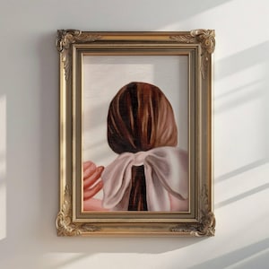Pastel Figure Portrait Print – Pink Bow Girl Wall Art – Soft Feminine Aesthetic – Light Academia Decor, Oil Painting Reproduction for Her