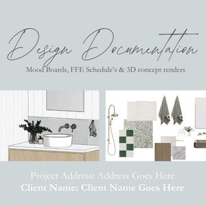 May include: A bathroom design concept with a mood board featuring a variety of materials and finishes. The mood board includes a shower head, towels, and tile samples. The bathroom design includes a vanity with a sink and a mirror.