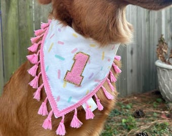 Anpassningsbar födelsedagsbandana för hundar och katter • Gotcha Day-bandana med knytband • Bandana med tofskant • Tillbehör för husdjursfest