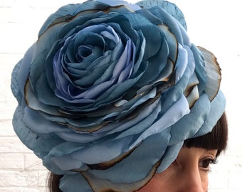 Giant Pale Blue Rose Headpiece: Recycled Silk Floral Headband