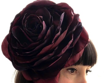 Giant dark deep red wine burgundy rose flower headband, floral hat, wedding, mother of bride