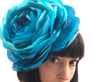 Giant turquoise rose flower headpiece/fascinator bride wedding ascot races event recycled