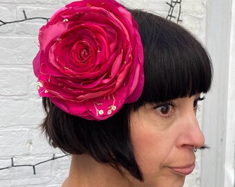 Cerise pink rose flower hair clip, corsage recycled vintage pin up