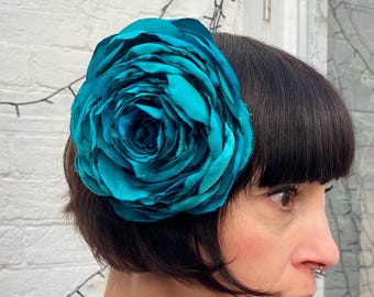 Bright turquoise rose flower hair clip, corsage recycled vintage pin up