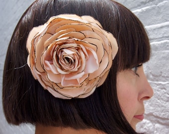 Peach rose flower hair clip, recycled vintage satin