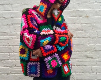 Handmade crochet granny square cardigan hooded bright rainbow multi colours