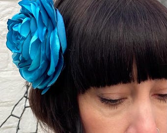 Light turquoise blue rose flower hair clip, corsage recycled vintage pin up
