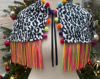 Disco zebra print reversible multi tassel festival cape