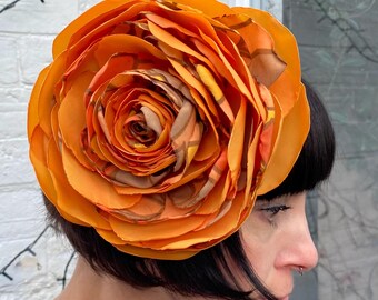 Orange rose flower hair clip, corsage recycled vintage pin up