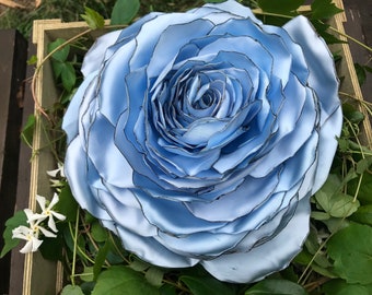 Giant pale blue rose flower headpiece,flower headband, oversized corsage floral hat, wedding, mother of bride,