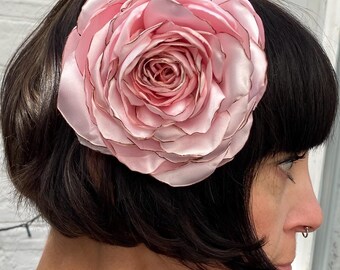 Rose pink flower hair clip, corsage recycled vintage satin.