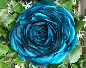 Giant teal rose flower headpiece, corsage flower headband, oversized floral hat, wedding, mother of bride,