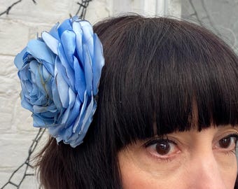 Pale blue rose flower hair clip, corsage recycled vintage pin up