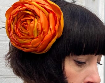 Rose pink flower hair clip, corsage recycled vintage satin.