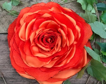 Bright orange rose flower hair clip, corsage recycled vintage pin up