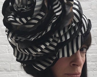 Giant Striped black & white rose flower headpiece, oversized wedding, hat, mother of bride, races