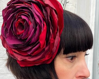 Red rose flower hair clip, corsage recycled vintage pin up