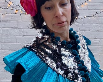 Handmade turquoise and silver reverse sequin ruffle circus festival Cape