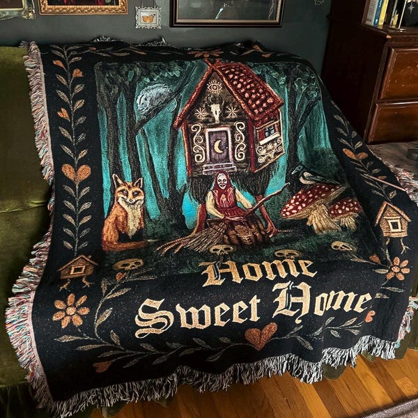 Manta de la Bruja Baba Yaga – Manta de arte folclórico eslavo gótico, Tapiz de zorro brujo y urraca, Decoración oscura estilo cottagecore para el hogar