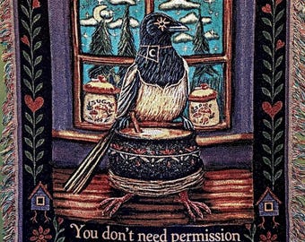 Whimsigoth Crow Woven Throw Blanket – Kitchen Witch Folk Art Tapestry, Gothic Cottagecore Decor