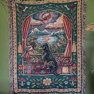 Witchy Woven Throw Blanket, Cottagecore Tapestry Blanket, Strawberry Moon Window Scene, Folk Art Cat Dog Decor