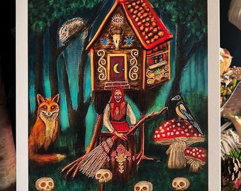 Baba Yaga Art Print – Slavic Folklore Wall Art, Gothic Fairytale Illustration, Witchy Cottagecore Decor