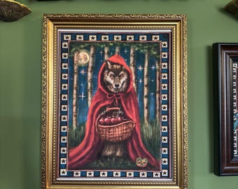 Dark Fairytale Red Riding Hood Wolf Art Print, Gothic Cottagecore Wall Decor, Handmade Illustration