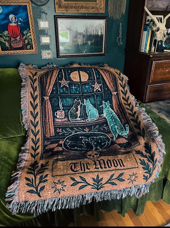 Moon Tarot Blanket – Witchy Cat & Dog Throw, Cottagecore Window Tapestry, Gothic Folk Art Home Decor