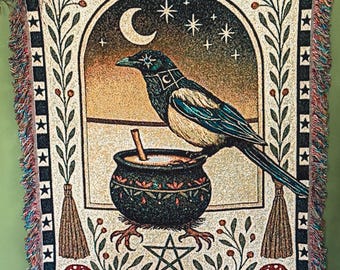 Witchy Crow WOVEN BLANKET, Dark Cottagecore Magpie Cauldron Folk Art, Gothic Woodland Home Decor