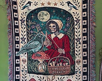 One for Sorrow Woven Blanket, Skeleton Witch Tapestry, Gothic Folk Art Throw, Dark Cottagecore Raven Decor, Macabre Storybook Blanket