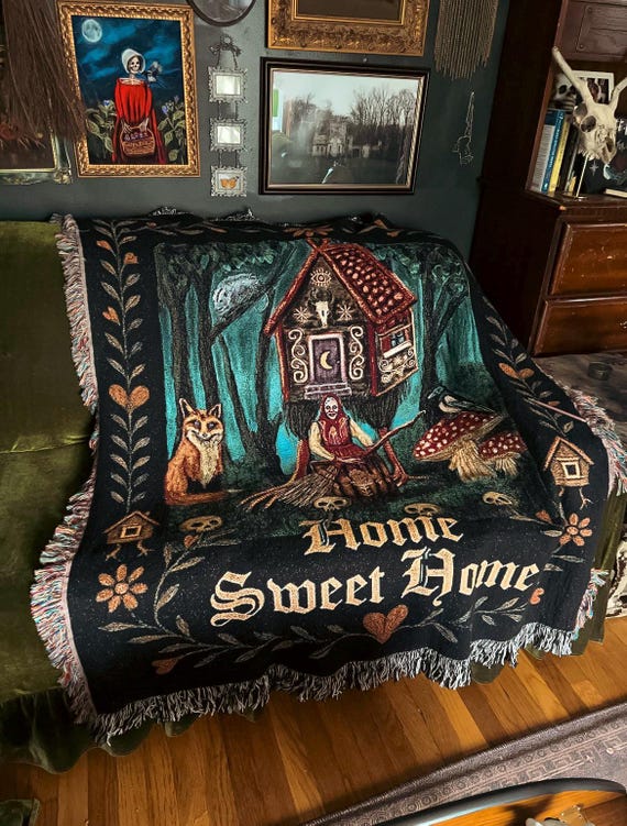 Baba Yaga Witch Blanket – Gothic Slavic Folk Art Throw, Witchy Fox and Magpie Tapestry, Dark Cottagecore Home Decor