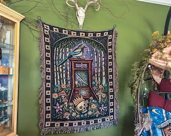 Magpie Guillotine Woven Blanket, Gothic Folk Art Tapestry Throw, Dark Fairytale Macabre Decor, Witchy Skull Wall Hanging, Moody Tapestry