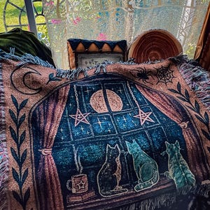 May include: A woven throw blanket featuring a nighttime scene with three cats looking out a window at the moon and stars. The blanket has a fringe and a color palette of blue, brown, and pink.