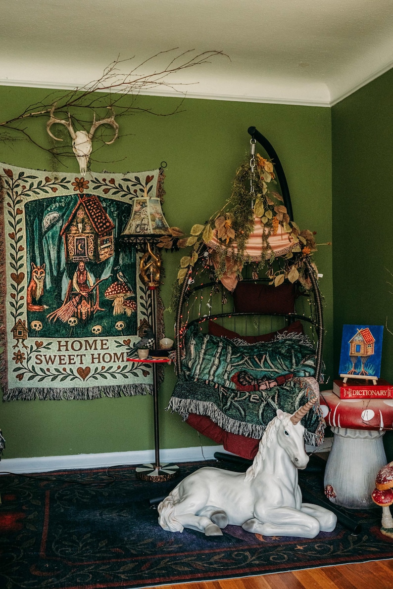 Baba Yaga Woven Blanket, Chicken Leg Hut Tapestry, Home Sweet Home Cotton Throw, Slavic Folklore Home Decor, Gothic Folk Art image 2
