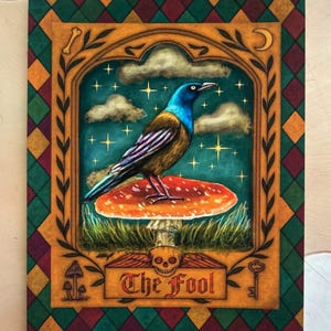 Grackle Art Print – Witchy Bird Wall Decor, Gothic Folk Art Illustration, The Fool Tarot Card