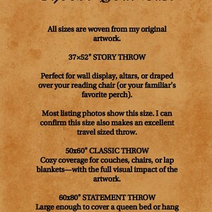 May include: A tan parchment-style informational graphic with black text titled Choose Your Size. It lists three woven throw blanket options: a 37x52 inch Story Throw, a 50x60 inch Classic Throw, and a 60x80 inch Statement Throw with descriptive text.