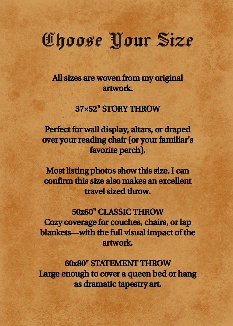 May include: A tan parchment-style informational graphic with black text titled Choose Your Size. It lists three woven throw blanket options: a 37x52 inch Story Throw, a 50x60 inch Classic Throw, and a 60x80 inch Statement Throw with descriptive text.