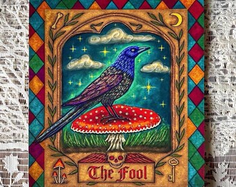 Grackle Mushroom Art Print – Witchy Bird Wall Decor, Gothic Folk Art Illustration, The Fool Tarot Card