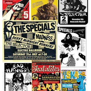 Op de afbeelding: Een collage van vintage ska- en reggaekoncertposters met bands als The Specials, Madness en The Selecter. De posters tonen gedurfde typografie, zwart-witillustraties van muzikanten en levendige rode en gele kleuraccenten in het ontwerp.