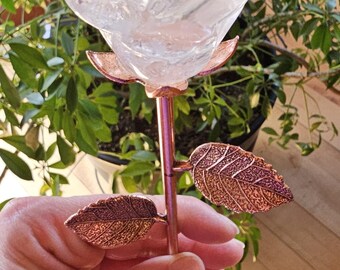Clear Quartz Flower, Hand Carved Gemstone with Metal Stem (8" Tall)