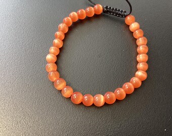 Orange Cat Eye Quartz Bracelet, 6mm Gemstone Beads (Adjustable Cord)