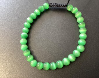 Green Cat Eye Quartz Bracelet, 6mm Gemstone Beads (Adjustable Cord)